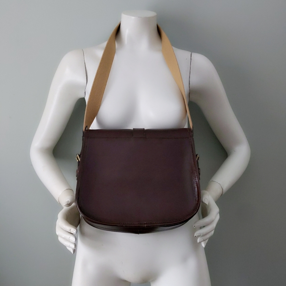 Vtg Golden Anchor JG Hook Burgundy Brown Leather Box Canvas Strap Shoulder Purse - Picture 3 of 5